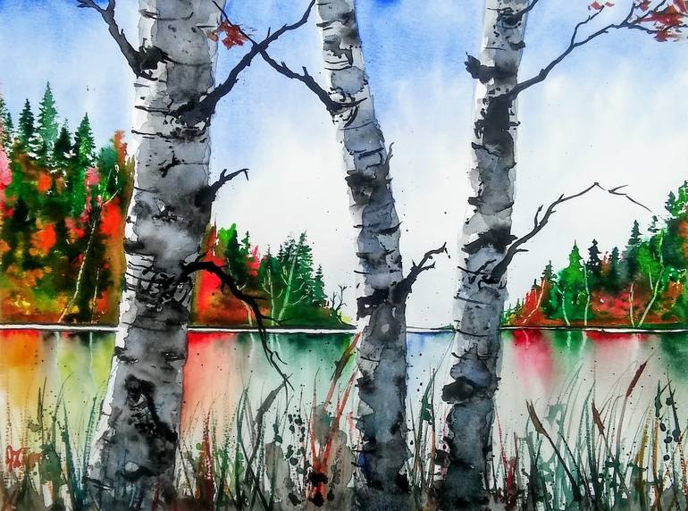 Autumn Painting, New England painting, watercolor painting, 2024 painting, original art, birch tree painting, jim lagasse, winter landscape