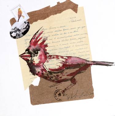 Small bird with little red comb- Ink on vintage letters,  original drawing thumb