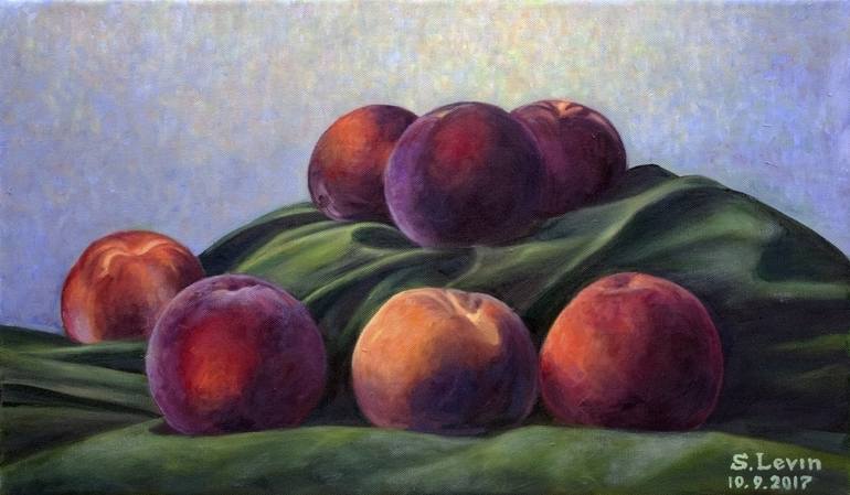 peach fruits on green velvet Painting by Sergey Levin | Saatchi Art