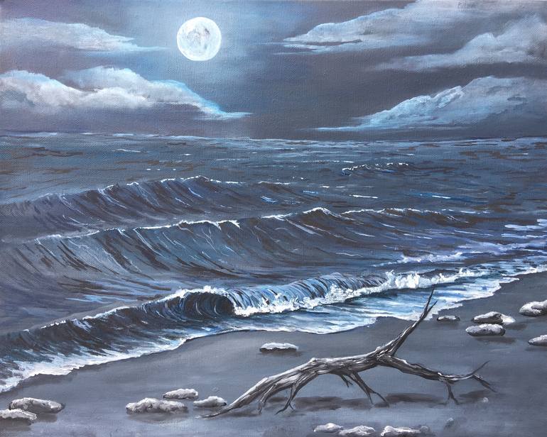 Beach in moonlight Painting by Stephanie Farnan | Saatchi Art