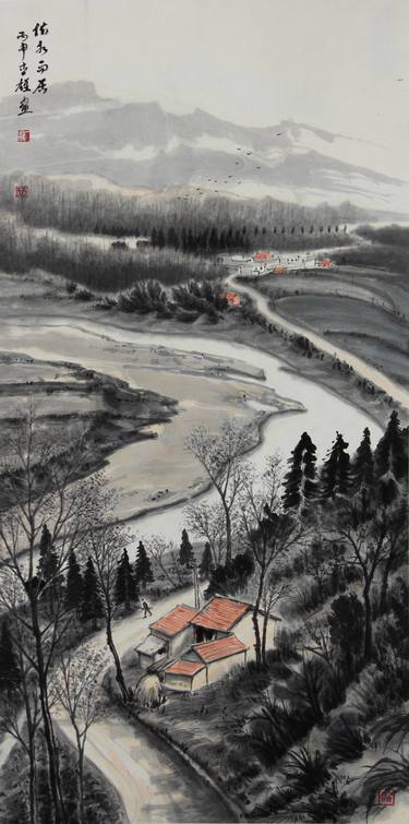 古一雄 YiXiong Gu ink on rice paper, "River next to the farmer's home" thumb