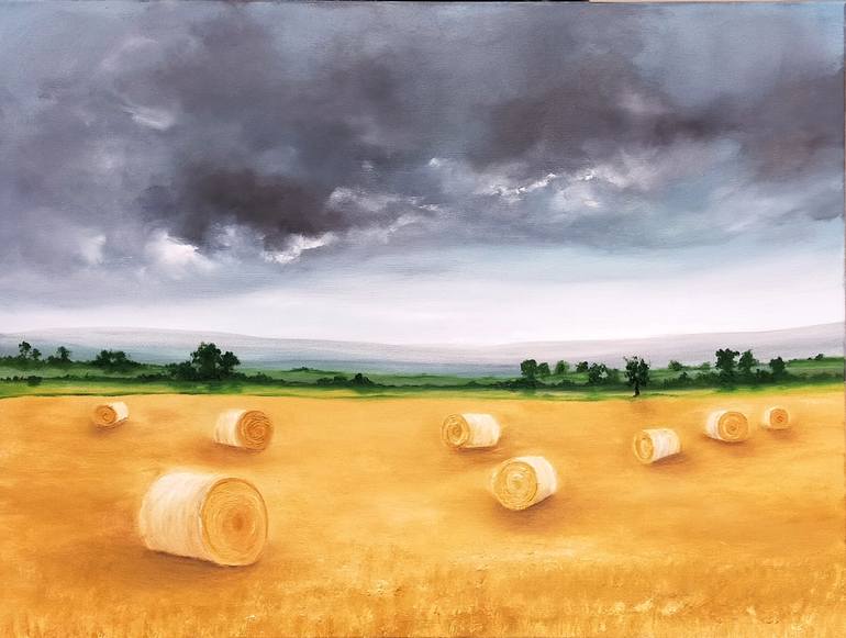 The End Of Harvest Hay Bales On Field Painting By Nella Alao Saatchi Art