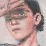 This is a painting made from a photograph of a girl looking into the sunlight, shading her eyes from the bright light.
