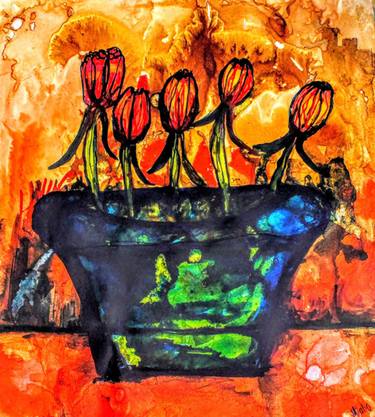 Orange Tulips in a blue Pot | Abstract Still Life thumb