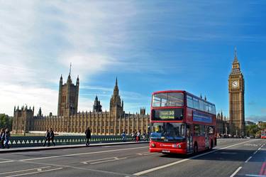 Red Bus Westminster Bridge Houses of Parliament London thumb