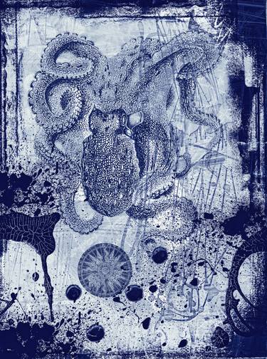 Octopus In It's Own Ink  # 2 / 12  Limited Edition Encaustic Mixed Media on Birch Panel 30 x 40 x 2 thumb