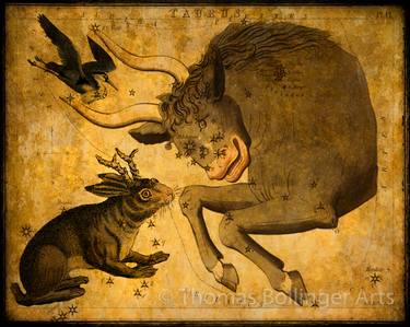 Taurus and Jackalope ,  Limited Edition Mixed Media Encaustic Edition on Birch Panel thumb