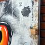 Diptych. Mixed media on canvases. Close up detail of Grand Duke owl head