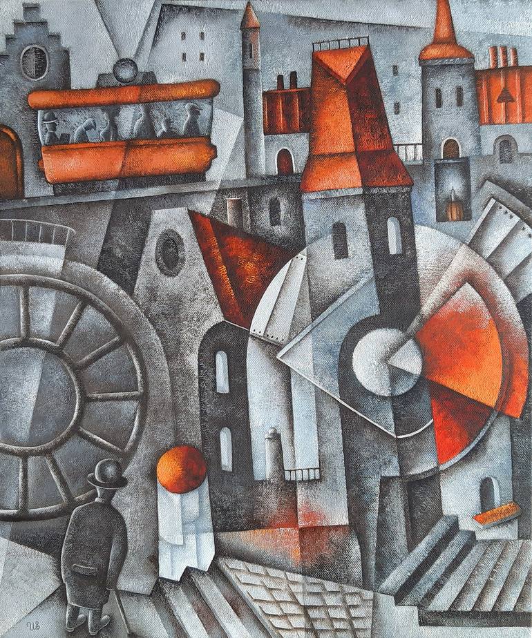 Original Architecture Painting by Eugene Ivanov | Cubism Art on Canvas | Round and Round