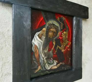 GOLGOTHA (Jesus & Devil) with burned wooden frame. thumb