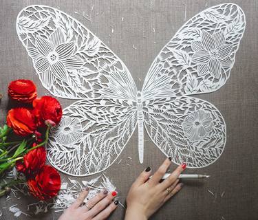 Art Paper Cutting " Butterfly " Big Papercut , Original Paper Cut Artwork Floral Butterfly Silhouette, hand cut art by Eugenia Zoloto thumb