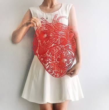 Anatomical Heart Paper cut , papercut heart silhouette. Paper hand cut work , original paper cutting in red color with floral motifs , 2019 thumb
