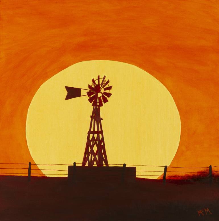 sunset windmill painting