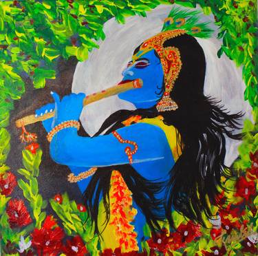Shree Krishna Playing Flute at Night thumb