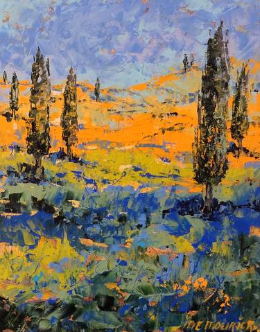Cypress trees in a field of cornflowers (Featured) thumb