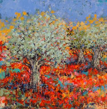 Olive trees in a field of poppies thumb
