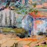 Southern landscape in the warm colors of the summer, with white houses, orange roofs and colorful fields
The sides of the painting are painted and it is ready to hang
