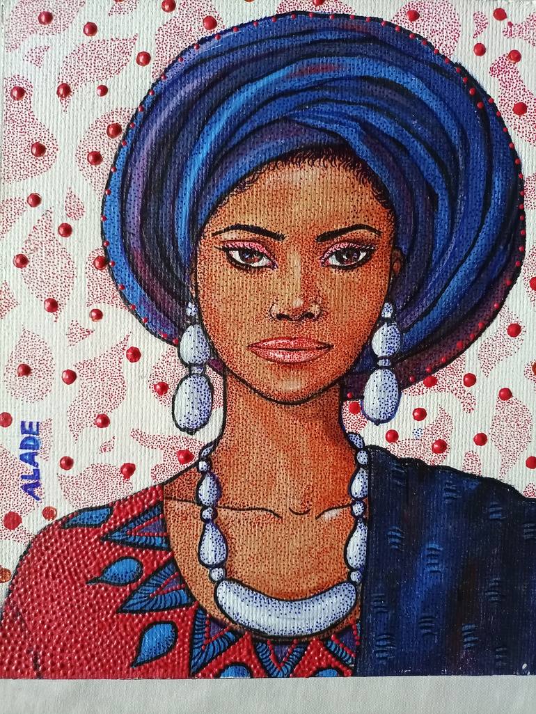 Woman in blue wedding gélé Painting by Oluwaseyi Alade | Saatchi Art