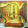 Whimsical expressionist landscape painting of a bohemian street in Burgos city, on the Camino de Santiago de Compostela (Way of St James) hike, in a surreal style inspired by Edvard Munch. Spain Camino Series 2010.
A work from the artist's “Spain Camino Series”, a colourful expressionist journey inspired by the artist's sojourn on the Camino de Santiago (Way of St James) pilgrim route.
Artwork is ready-to-hang.