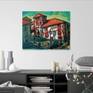 Expressionist landscape painting of a Spanish village town house with bright red roofs and fascinating windows in dark whimsical surreal Chagall folk style.
A work from the artist's “Spain Camino Series”, a colourful expressionist journey inspired by the artist's sojourn on the Camino de Santiago (Way of St James) pilgrim route.
Artwork is ready-to-hang.