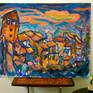 Folk expressionist painting of whimsical Spanish castle town landscape houses in surreal sunset hues. At once meditative and brimming with emotions and outworldly possibilities, the enigmatic Ainsa medieval kingdom beckons under its dramatic dusk skies.
A work from the artist's “Spain Vignettes Series”, exploring various Spanish cities and towns - Ainsa, Barbastro, Cadiz, Cordoba, Girona - where the architecture often emotes the feel and tempo of the places.
Artwork is ready-to-hang.