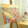 Pretty colorful riverside houses landscape impressionist painting of Cesky Krumlov, a picturesque Unesco castle city in Czech Republic, painted in Chagall folk style which was the fairytale feeling this place gave to me.

Artwork is varnished and ready-to-hang.