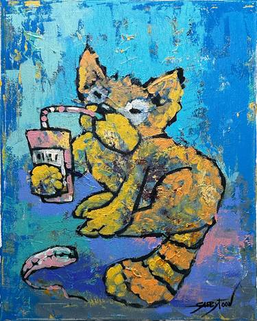 ORIGINAL painting 20"x16" Cat With Soda thumb