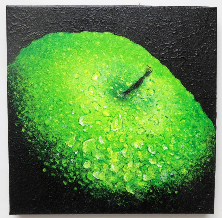 Original Nature Painting by Maria Westra | Figurative Art on Canvas | green apple with raindrops