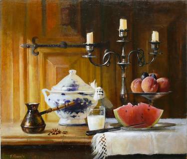 Still life with china tureen, coffee pot and candlestick  thumb