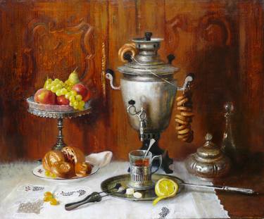 Still life with russian samovar and fruit dish thumb
