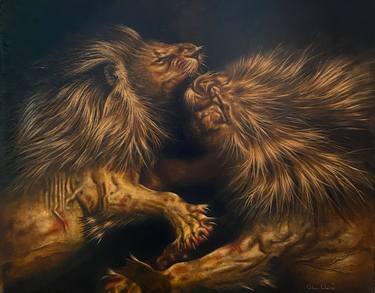 MORTAL COMBAT.   oil painting, wildlife, lions thumb