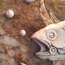 Mechanical fish  made from plaster, sculptured and curved  on the birch painting panel, that painted by acrylic colors in the stone-like style, creating 3-dimensional view as real, as color induced. Additional parts, such as wheels, stones, grass and bubbles are sculptured too. The sides of the panel are painted in the same marble-like style.