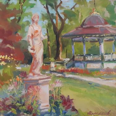 Public gardens, August, plein air - original, one of a kind, oil on canvas impressionistic style painting thumb