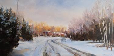 Early morning on my street, original, one of a kind oil on wide-edges canvas impressionistic style painting. thumb