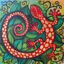 Colorful stylized red and gold spotted Gecko inspired by my travels to the Caribbean. Acrylic on gallery wrapped canvas.