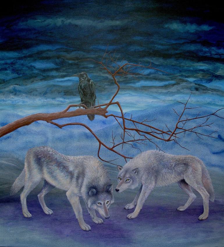 Wolves and Raven Painting by Brendon Connors | Saatchi Art