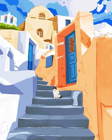 Cat in Greece, Architecture Tropical Exotic Travel Places City, Bohemian Beachy Santorini Painting thumb