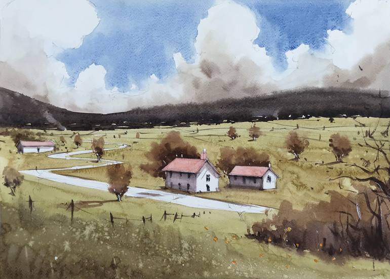 Original painting, original watercolour, watercolour painting, landscape painting, farm painting, impressionist style, popular countryside picture