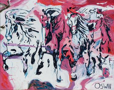 Horse painting - FULL GALLOP  100 x 80 x 4 cm.| 39.37"x31.5" Equine art, galloping horses by Oswin Gesselli thumb