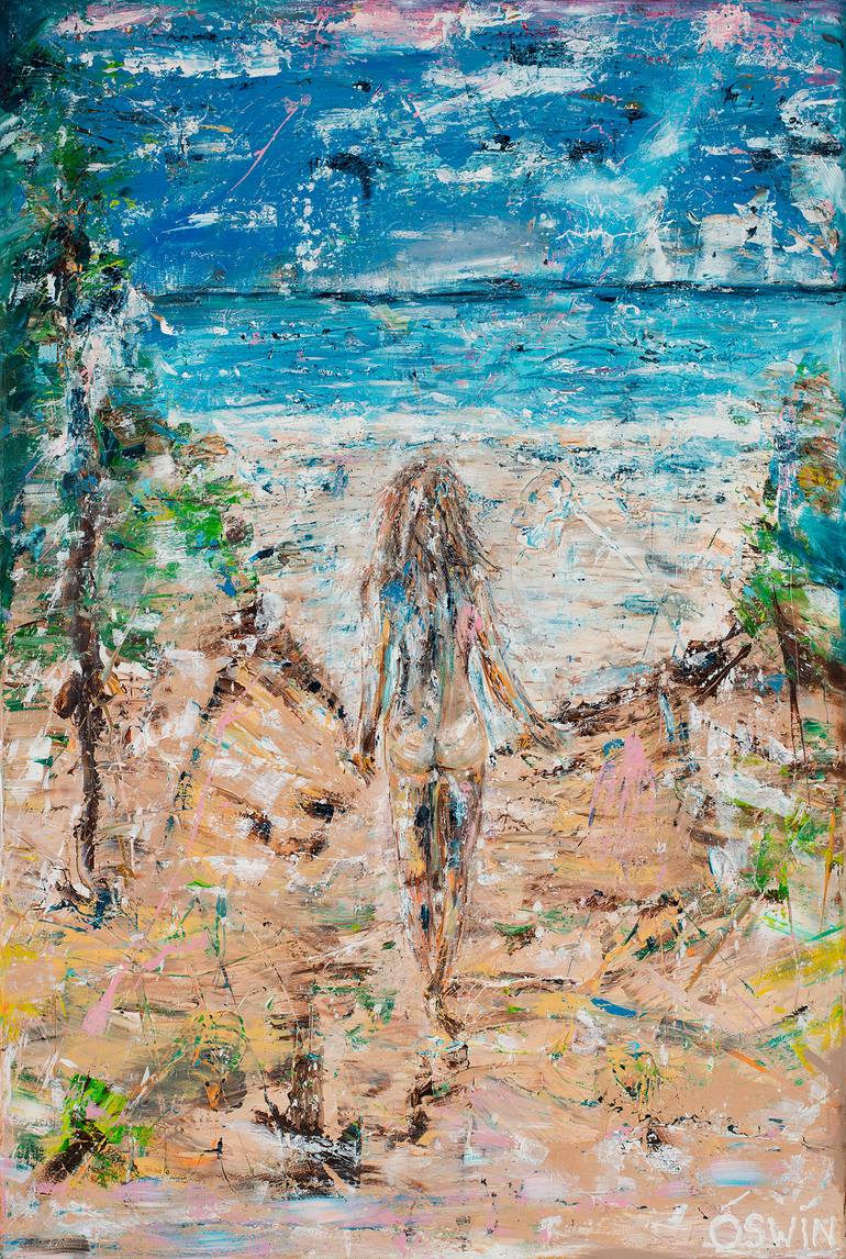 Female nude: WALK TO THE BEACH 120 x 80 cm.| 47,24 x 31,5 - Oswin Gesselli  Painting by Oswin Gesselli | Saatchi Art