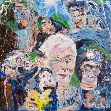 Portrait JANE GOODALL AND HER CHIMPS 100 x 100 cm.| 39.37" x 39.37" portrait Jane Goodall by Oswin Gesselli thumb