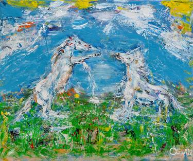 Equine art - THE WINNER TAKES IT ALL - 120 x 100 cm. | 47.24"x39.37" - horse painting springtime by Oswin Gesselli thumb