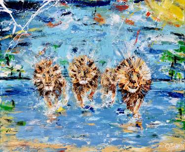 Lions: Running with lions - Wild cats - 100 x 120 cm| 39.37" x 47.24"  by Oswin Gesselli thumb