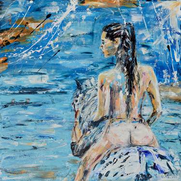 Female nude/ horse painting: TAKE ME TO THE SEA 100 x 100 cm. |39.37"x39.37" painting by Oswin Gesselli thumb