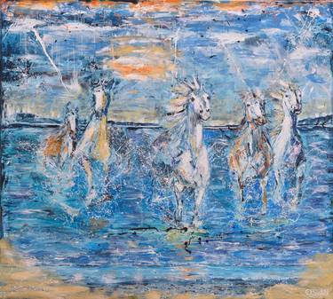 Horse painting - WE ARE FREE TO DELIGHT 200 x 180 x 4 cm Equine art by Oswin Gesselli thumb
