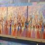 This is an original large cityscape painting (triptych) on 3 panels of mounted canvas, each 22"x28" inches, for a total size of 28"x66" inches.
Sides of the canvas are painted gray.
Protective coat of satin varnish applied.
Wire attached.
The painting is signed on the front and the back and delivered directly from my studio.