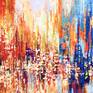 This is an original abstract cityscape painting.
Due to the large size of this canvas, it will be shipped rolled in a tube.
Size: 48" x 60" with 2.5" inches around the canvas for mounting ( 53" x 65" ).
Sides of the canvas are painted.
A protective coat of satin varnish is applied.