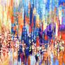 This is an original abstract cityscape painting.
Due to the large size of this canvas, it will be shipped rolled in a tube.
Size: 48" x 60" with 2.5" inches around the canvas for mounting ( 53" x 65" ).
Sides of the canvas are painted.
A protective coat of satin varnish is applied.