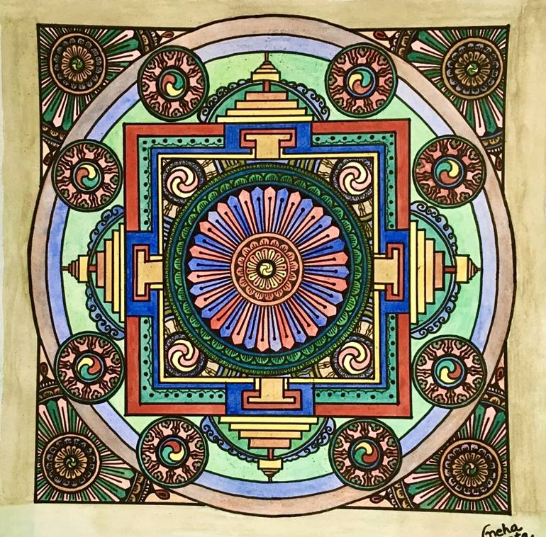 The Golden Wheel Mandala Thangka Watercolour Painting Painting by Neha ...