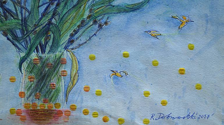 Original Art Deco Floral Painting by Remigiusz Dobrowolski